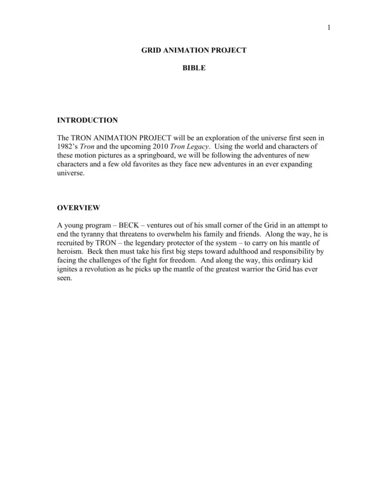 Tron: Grid Animation Project Bible