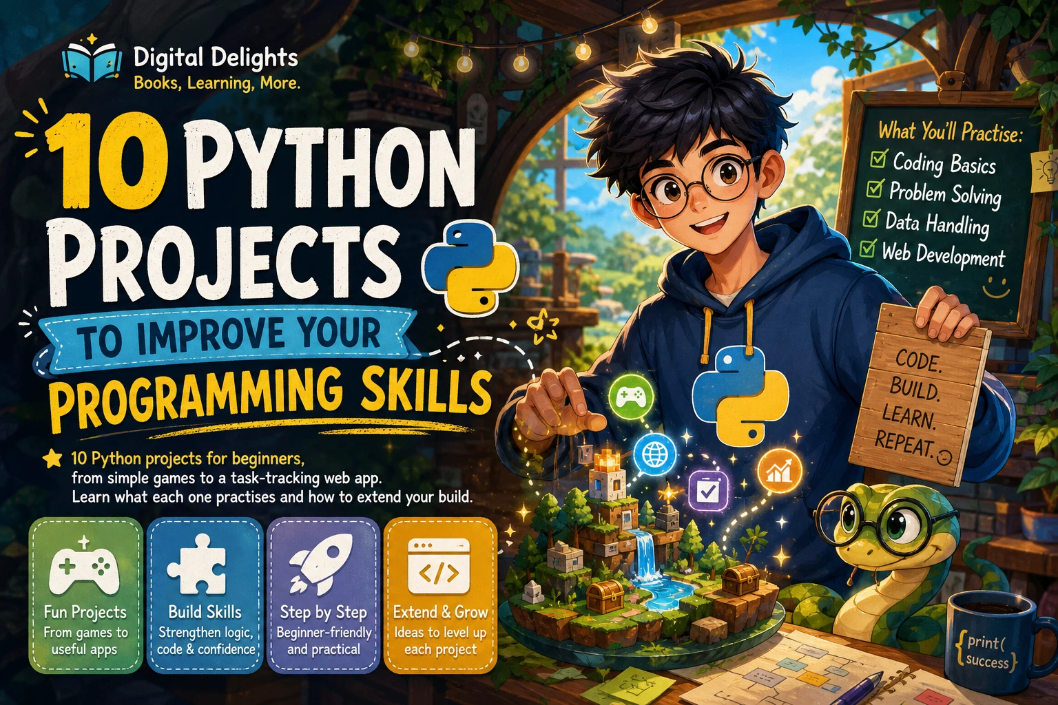 laptop displaying python code alongside simple project sketches for a game, chart, and task app