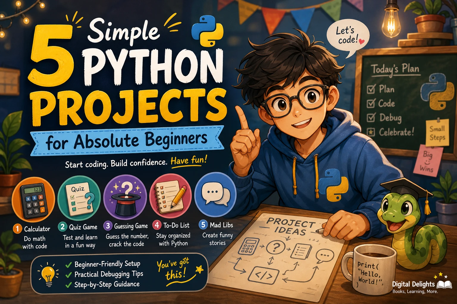 laptop showing beginner python code beside a notebook and simple project-planning notes
