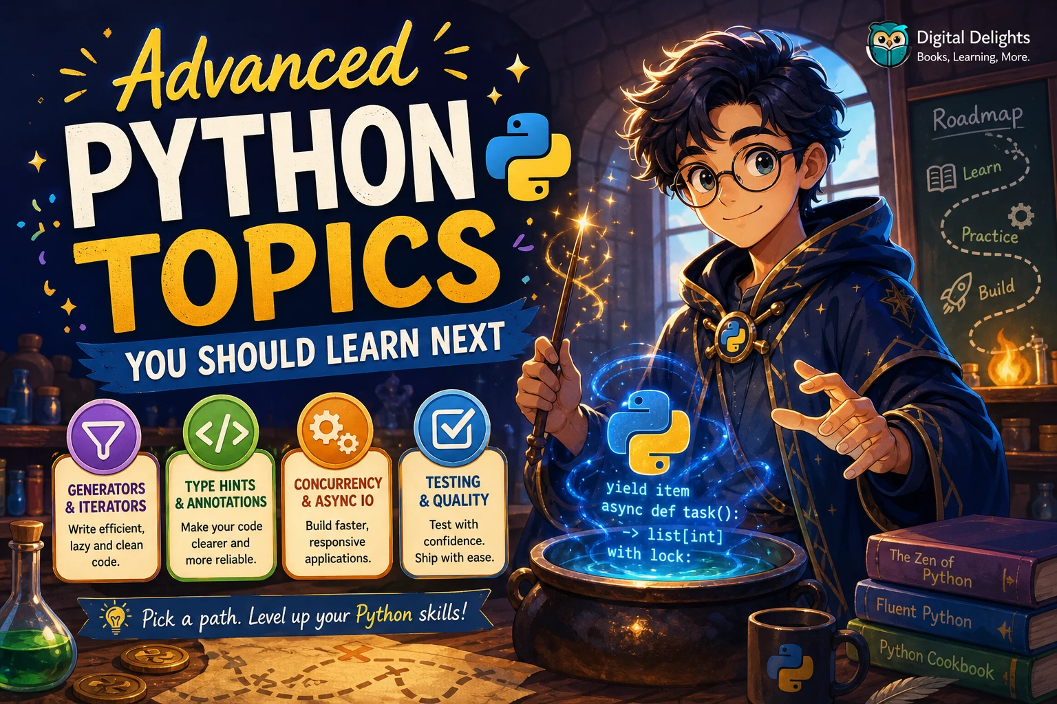 laptop displaying python code beside abstract visual motifs for advanced programming concepts