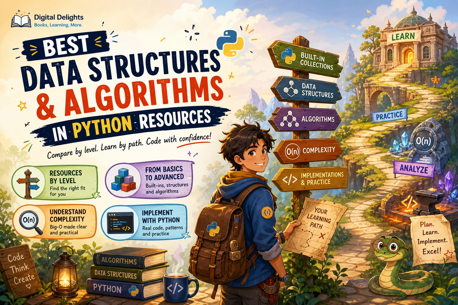 Laptop and study materials illustrating Python data structures and algorithms