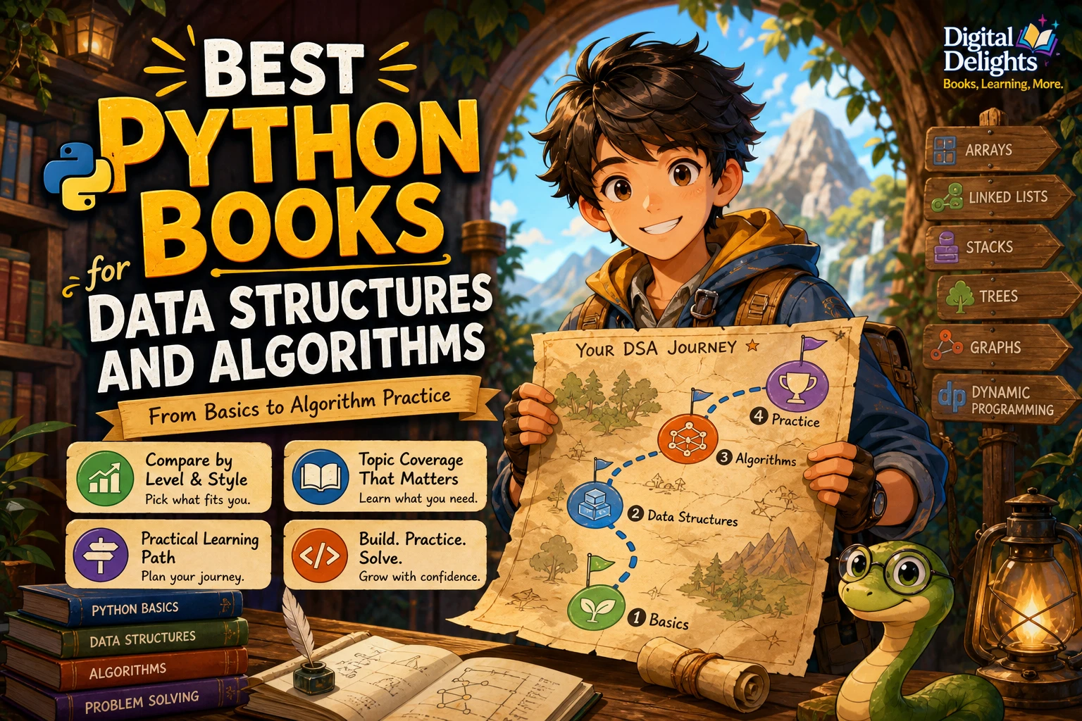 Laptop with Python code beside visual diagrams of a tree, graph, and sorted data