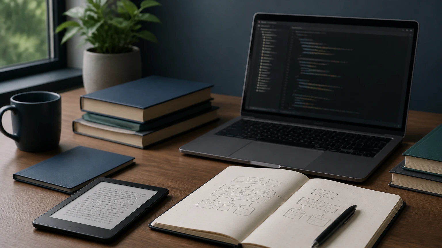 developer workspace with a laptop, e-reader, books, and a notebook showing a software architecture sketch