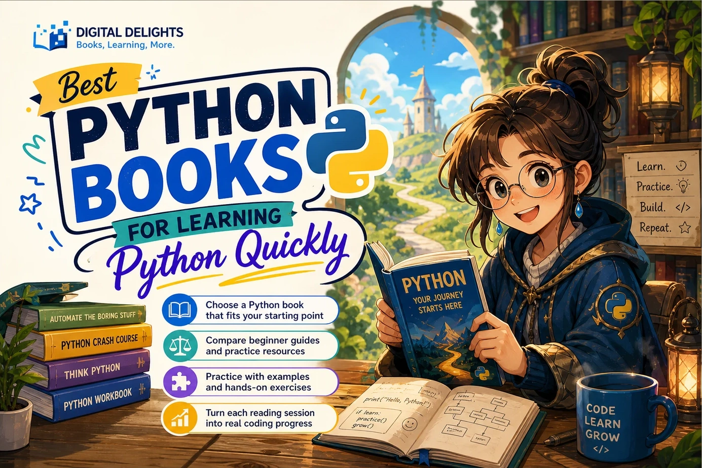 laptop, digital reading tablet, books, and a notebook arranged for python study and coding practice