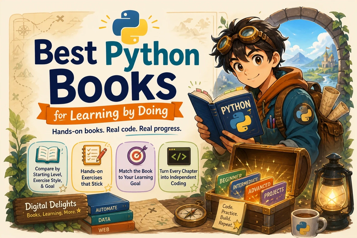 Laptop with a code editor beside an open book and notebook for hands-on Python practice