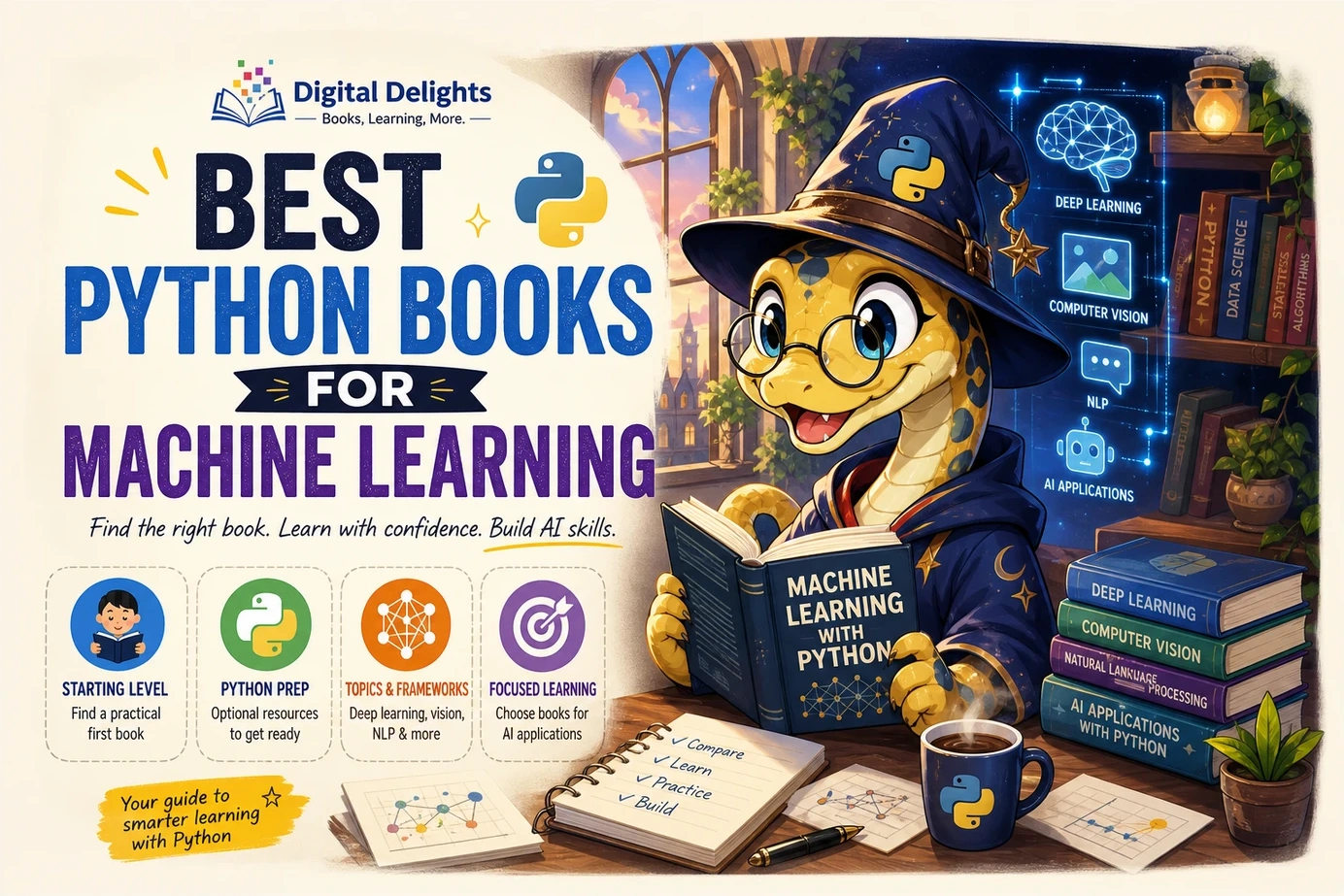 laptop with data visualizations beside an e-reader and books on a desk for studying python machine learning