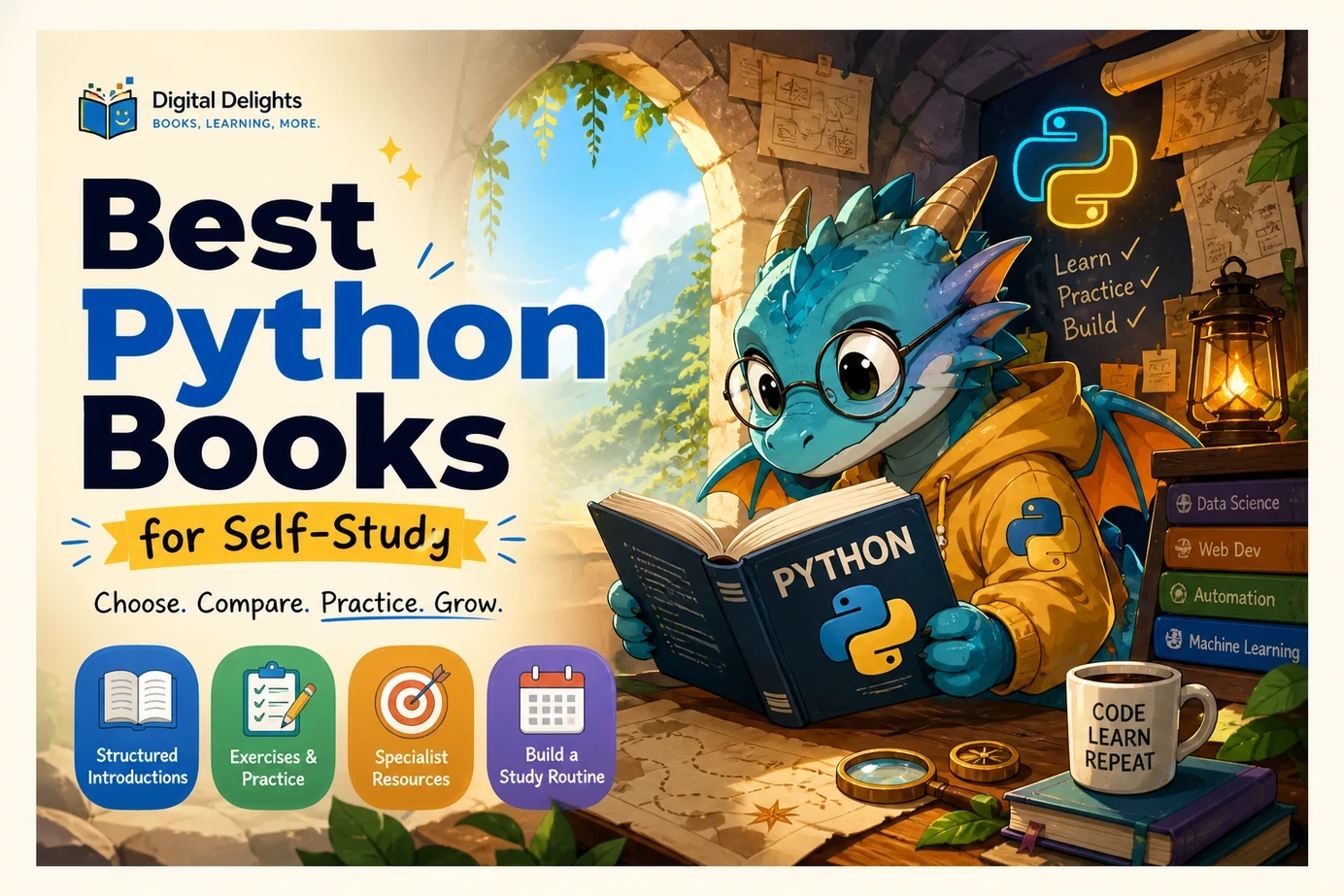 Laptop, digital reading tablet, books, and study notebook arranged for Python self-study