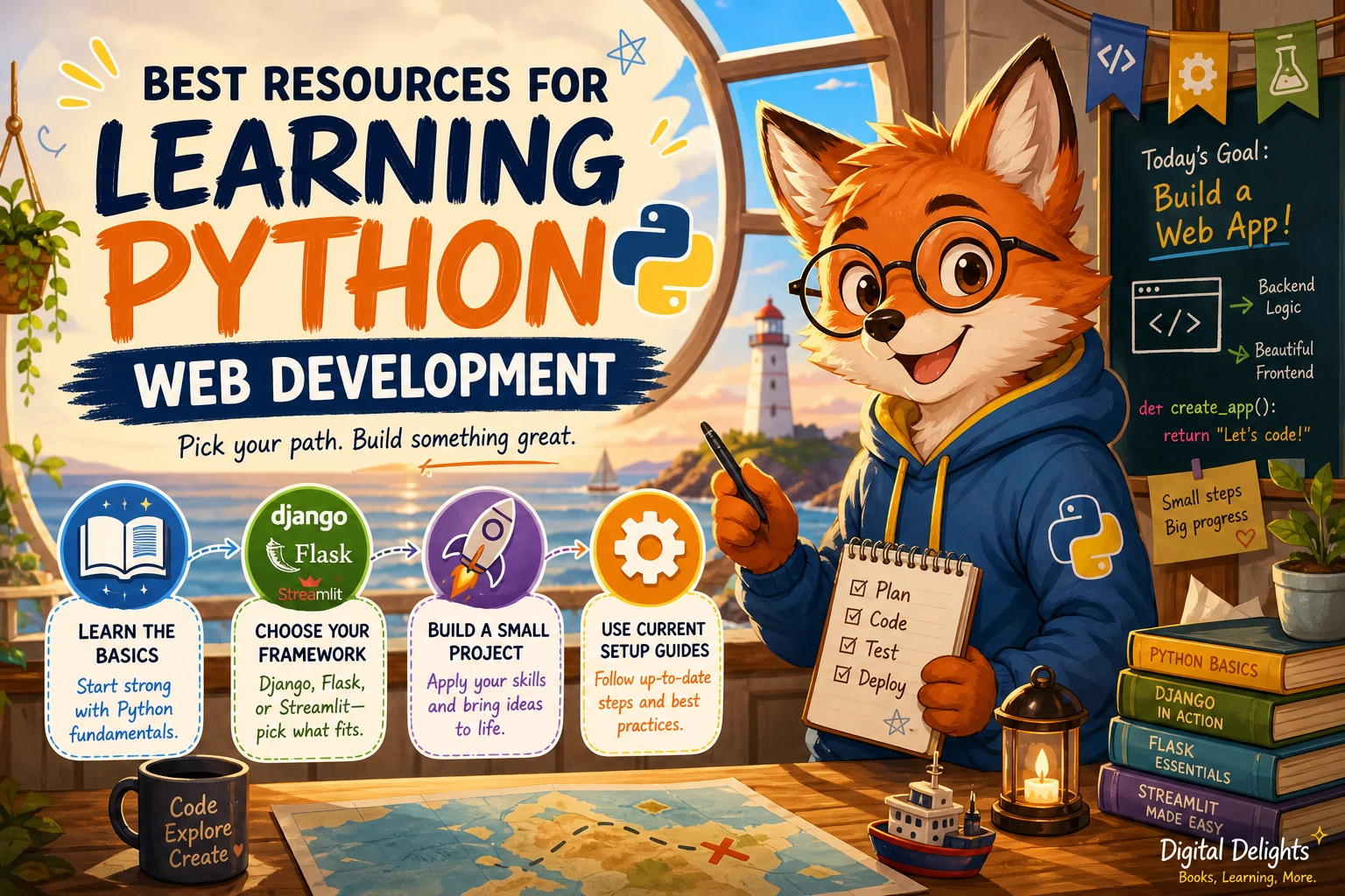 Laptop showing Python code beside a web application preview for learning Python web development