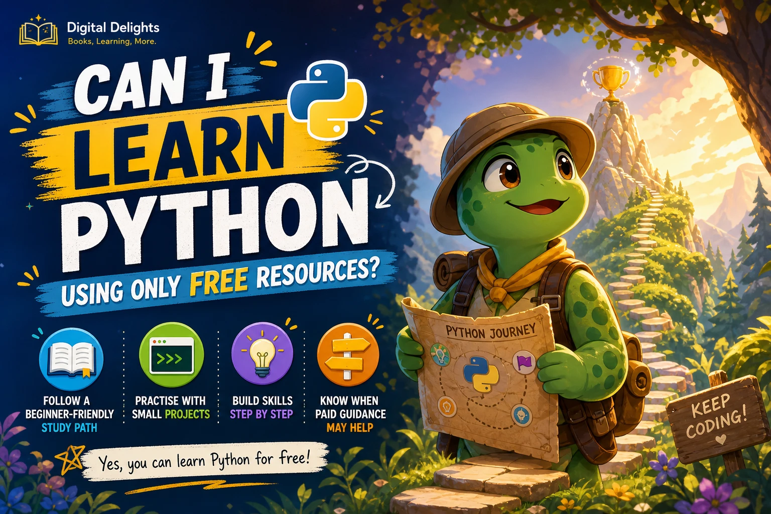 Beginner learning Python on a laptop with notes and free study materials