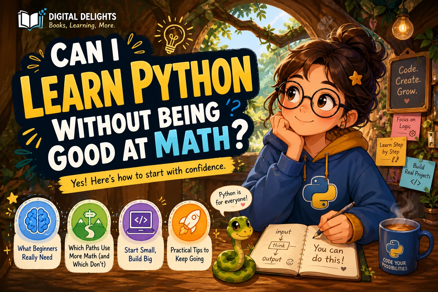 Laptop with beginner Python code beside a notebook showing a simple arithmetic example and flow diagram