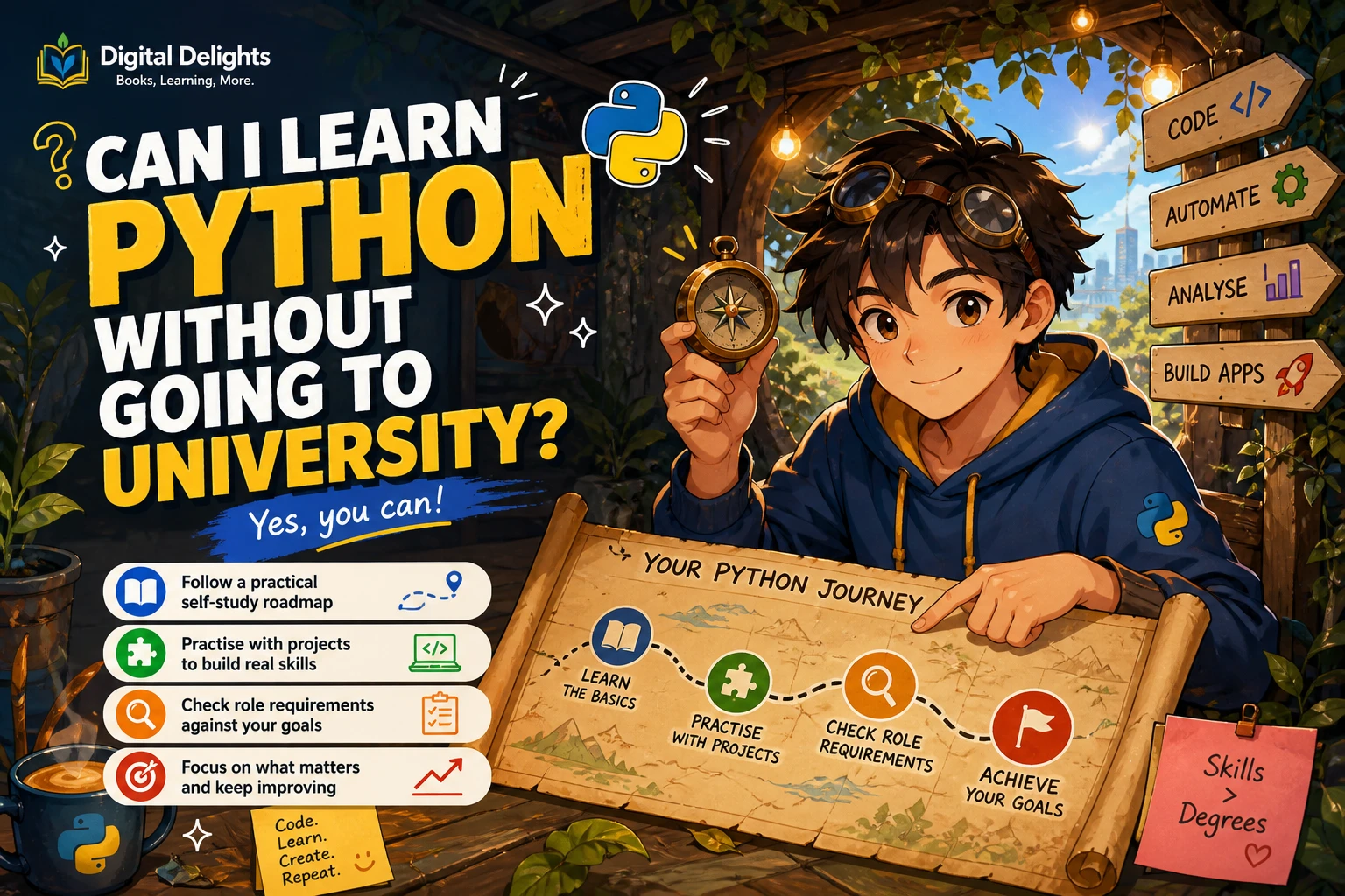 Beginner learning Python independently at a laptop with notes and code practice