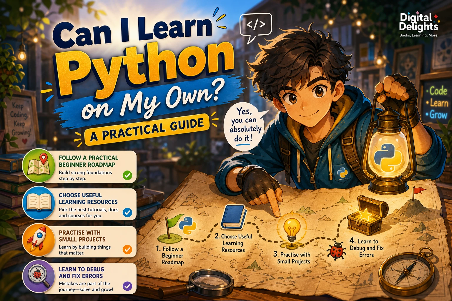 Laptop with beginner Python code and a notebook on a tidy study desk
