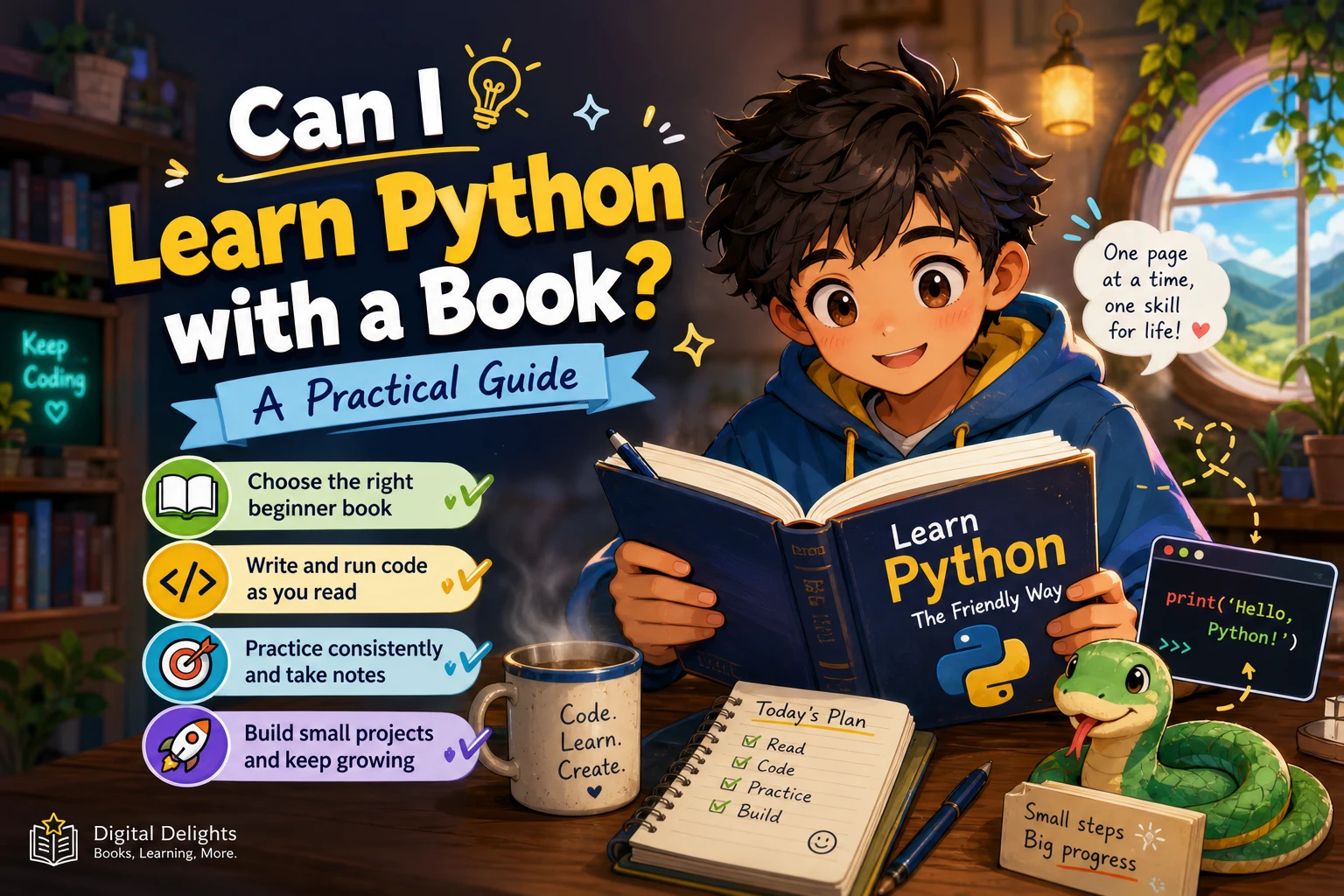 Open programming book beside a laptop displaying beginner Python code
