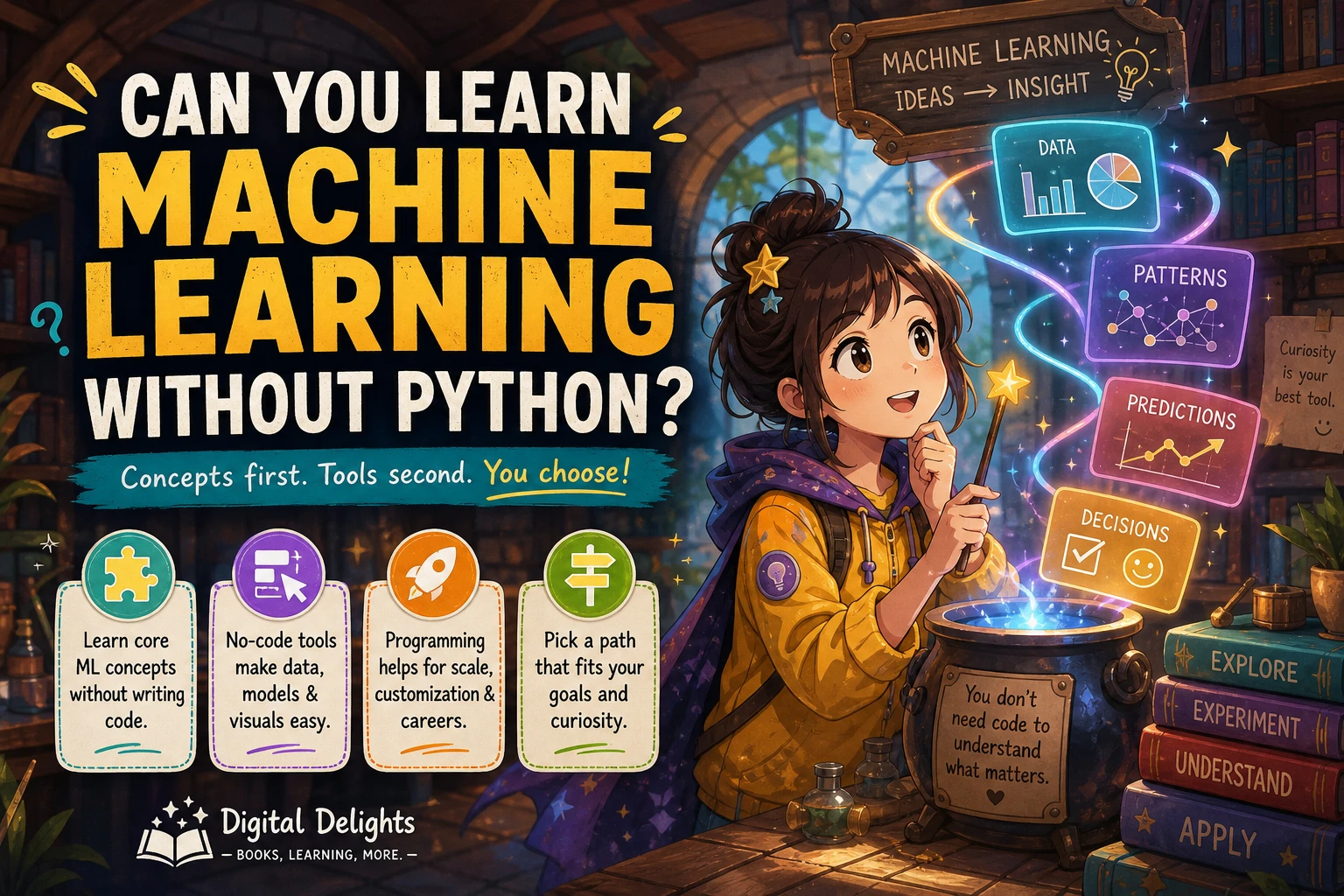 Visual machine-learning concepts beside a laptop showing generic Python code