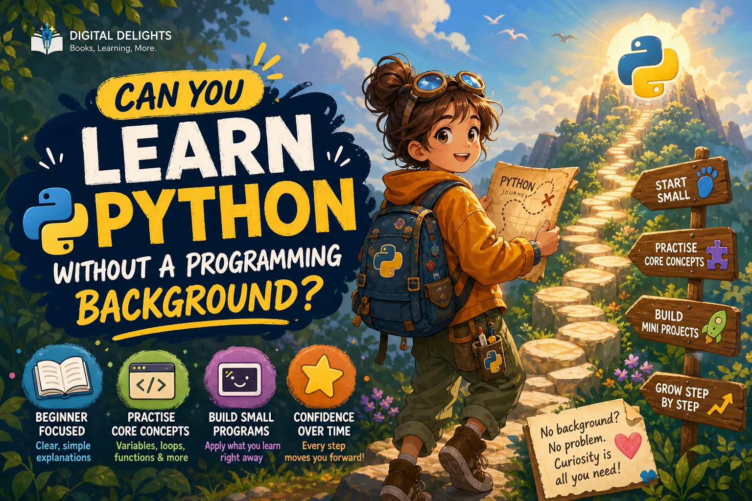 laptop showing a simple python code example beside a beginner’s notebook