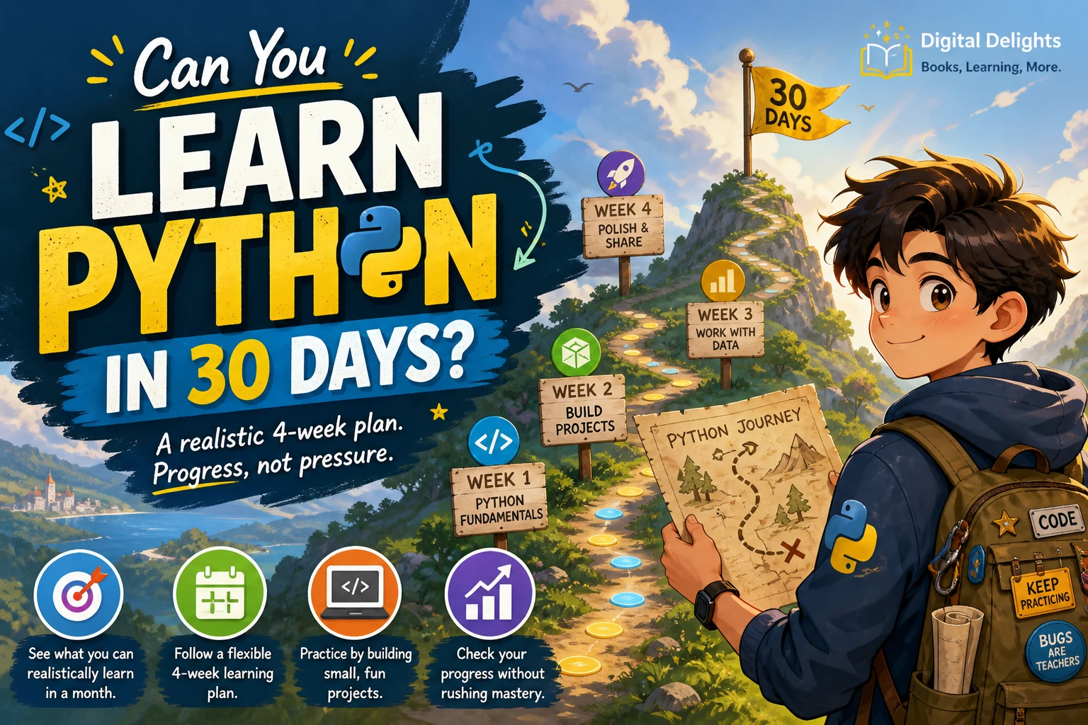 beginner practising python code beside a four-week study plan