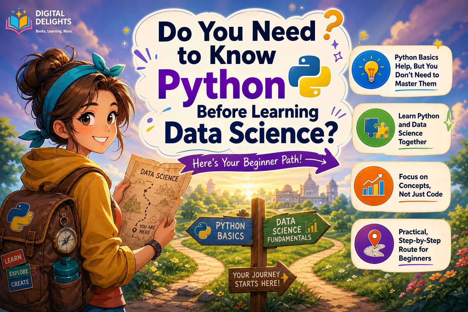 Laptop with Python code beside a data chart and table, illustrating a beginner's path into data science.