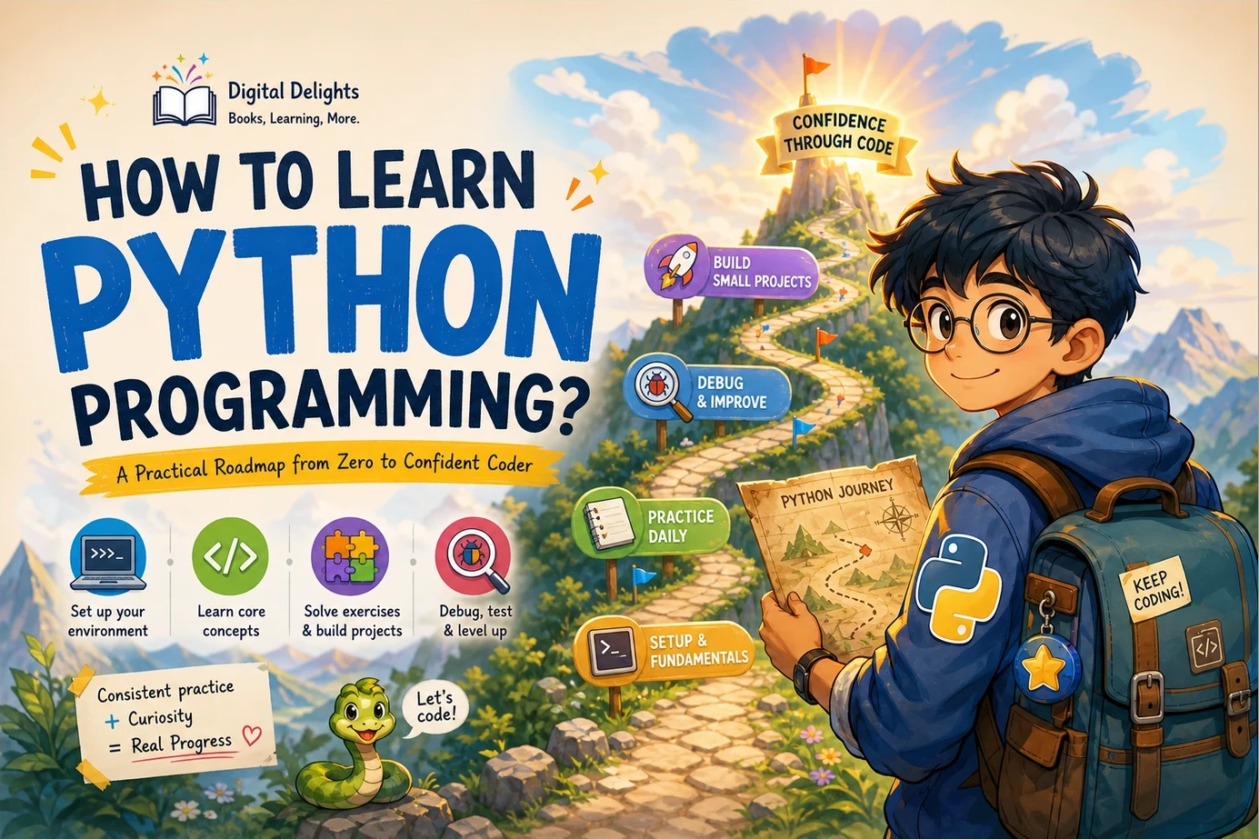 illustrated python learning workspace with a laptop, programming diagrams, and unbranded books