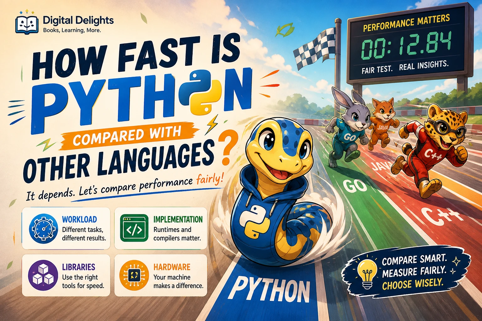 abstract comparison of python and other programming languages with a code editor and benchmark visualization