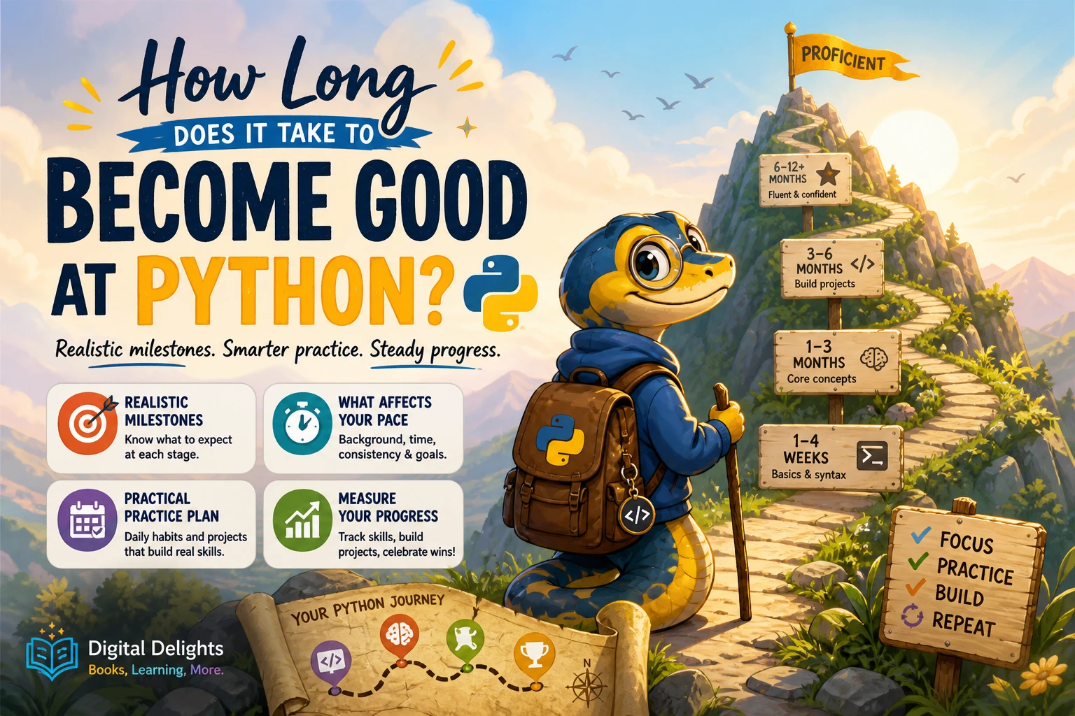 beginner practising python code beside a notebook with a learning roadmap
