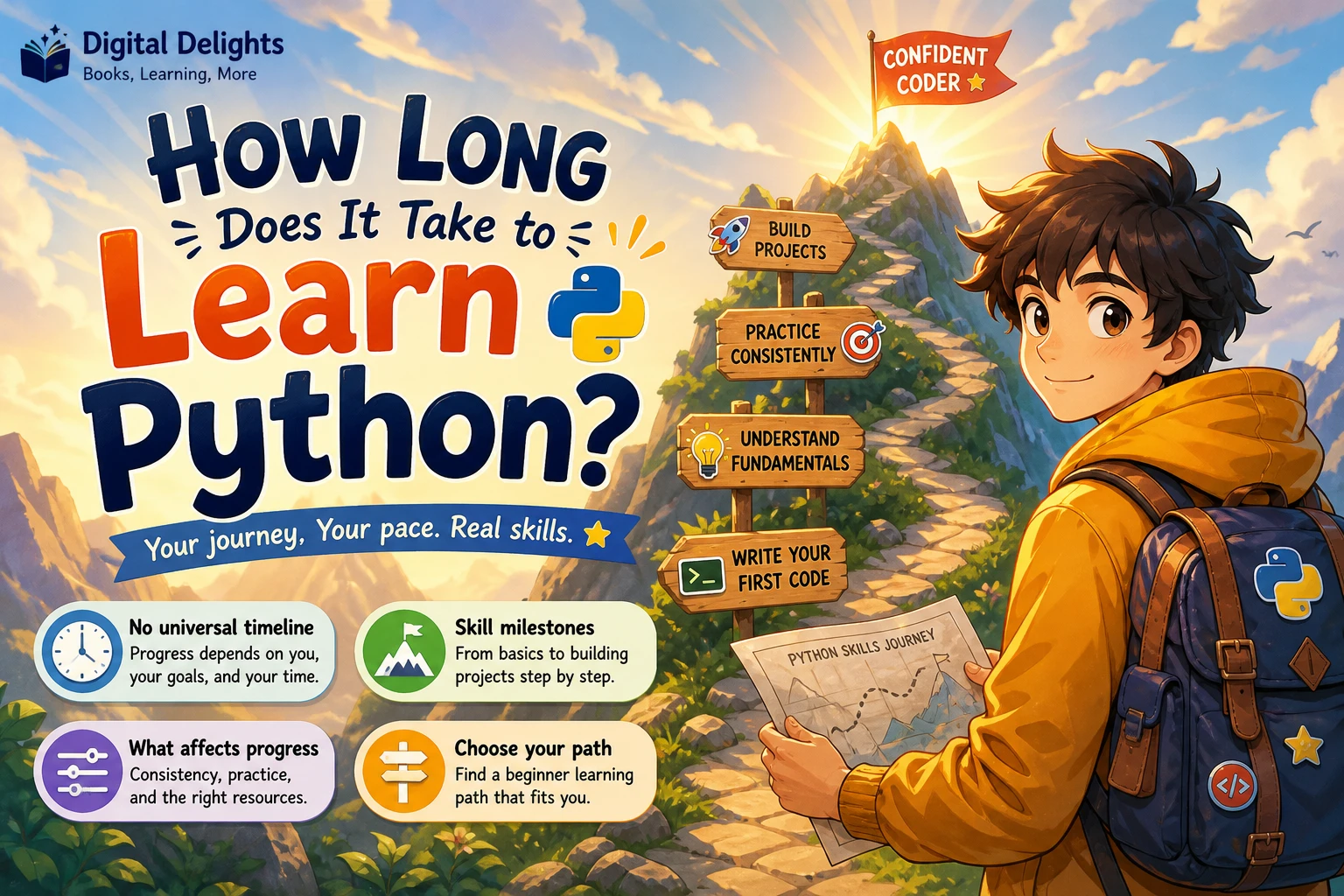 laptop with python code beside a notebook showing a beginner's learning roadmap