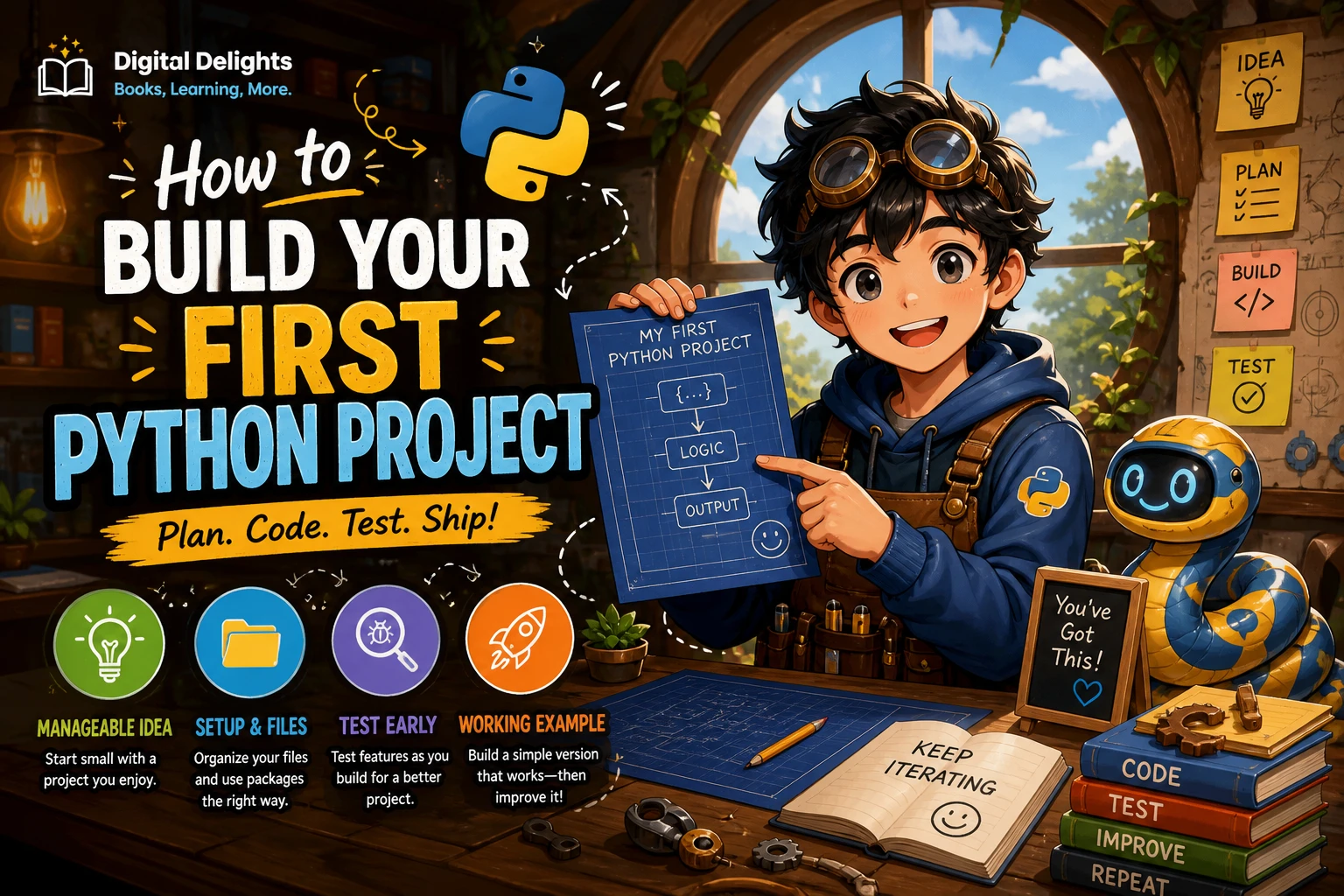 laptop displaying a beginner python coding project beside a notebook with a simple project plan