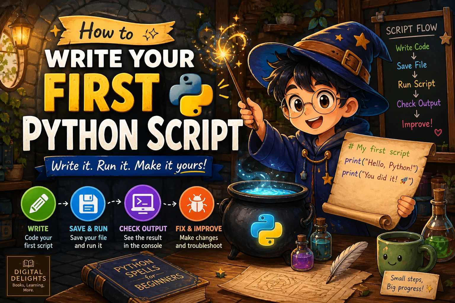laptop displaying a simple python script and its greeting output