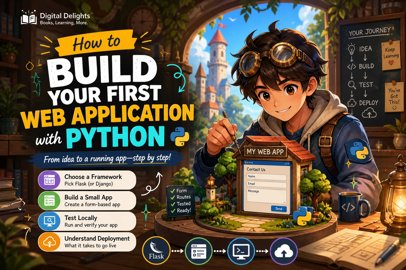 Laptop showing a simple Python web app code editor beside a browser preview of a notes form