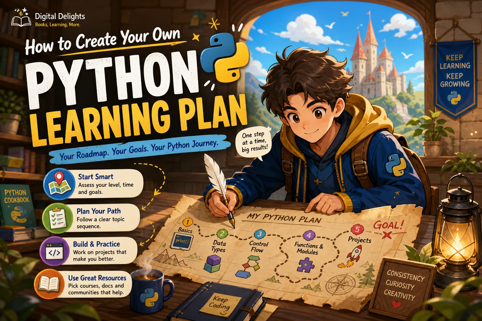 laptop with python code beside a notebook outlining a personalized learning plan