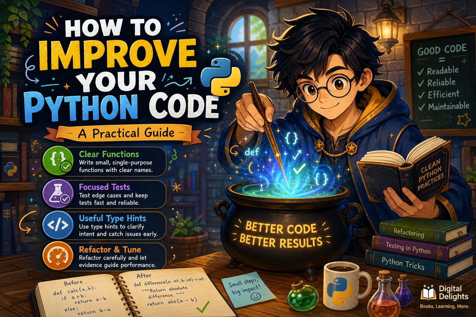 laptop displaying organized python code beside a programming improvement checklist