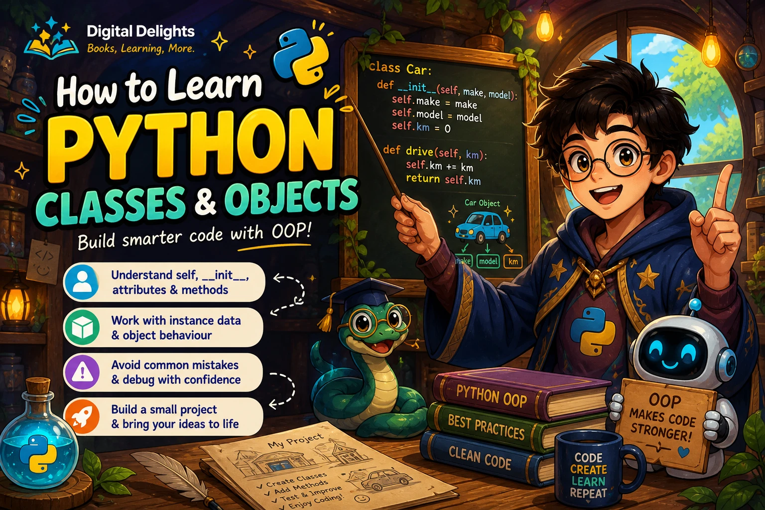 laptop displaying a simple python class example beside visual representations of two separate objects