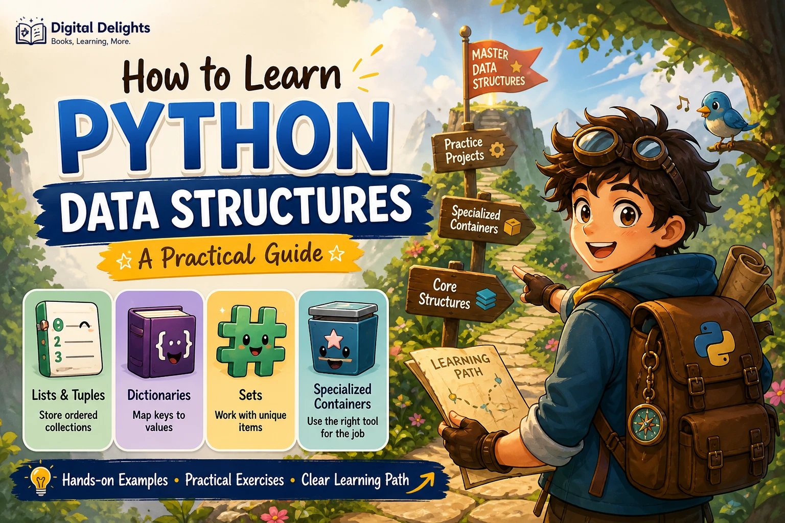 Laptop with Python code and visual symbols for lists, tuples, dictionaries, and sets