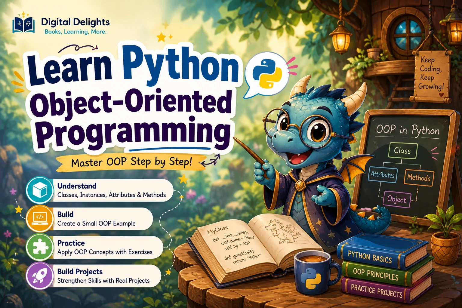 laptop and visual notes illustrating python classes, objects, attributes, and methods