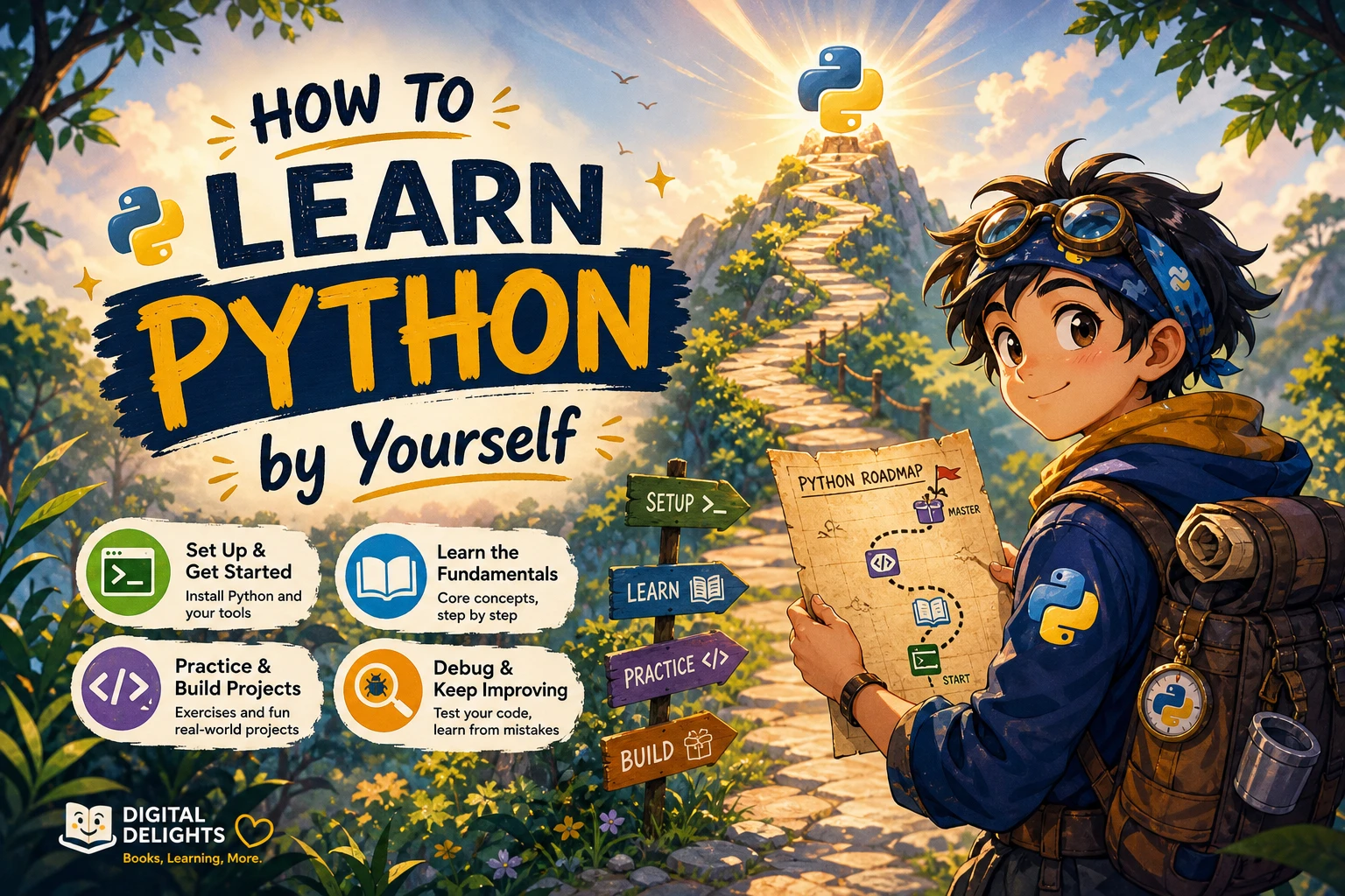 laptop with a code editor beside a notebook and flowchart for independent python study