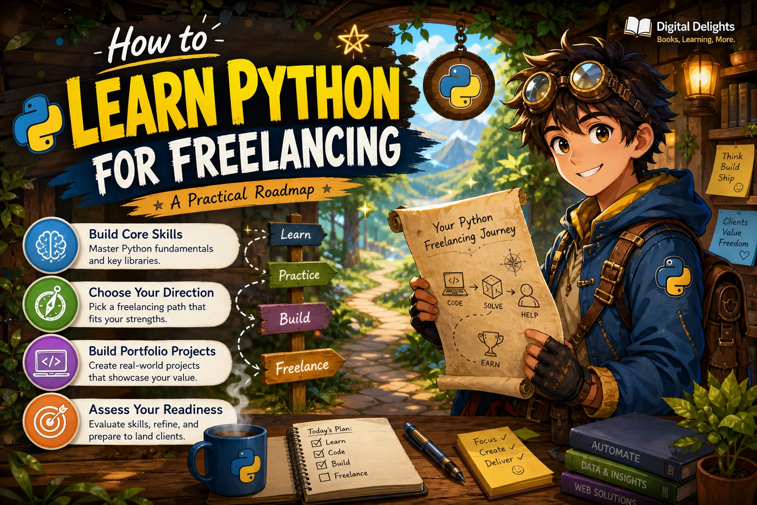 laptop displaying python code beside a spreadsheet and project notes for freelance learning