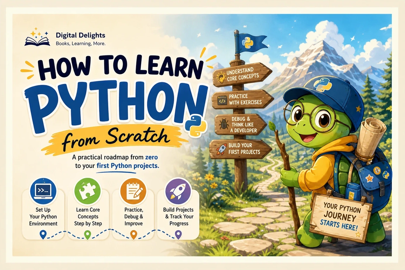 laptop displaying a short python program beside a notebook with a simple programming flowchart