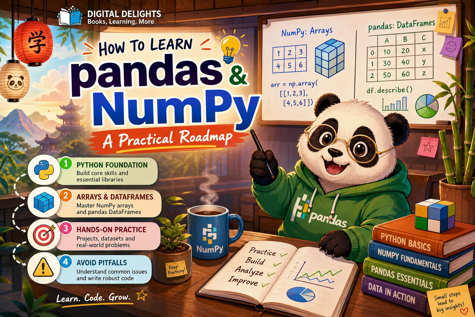 Laptop displaying a data table and chart to represent learning pandas and NumPy