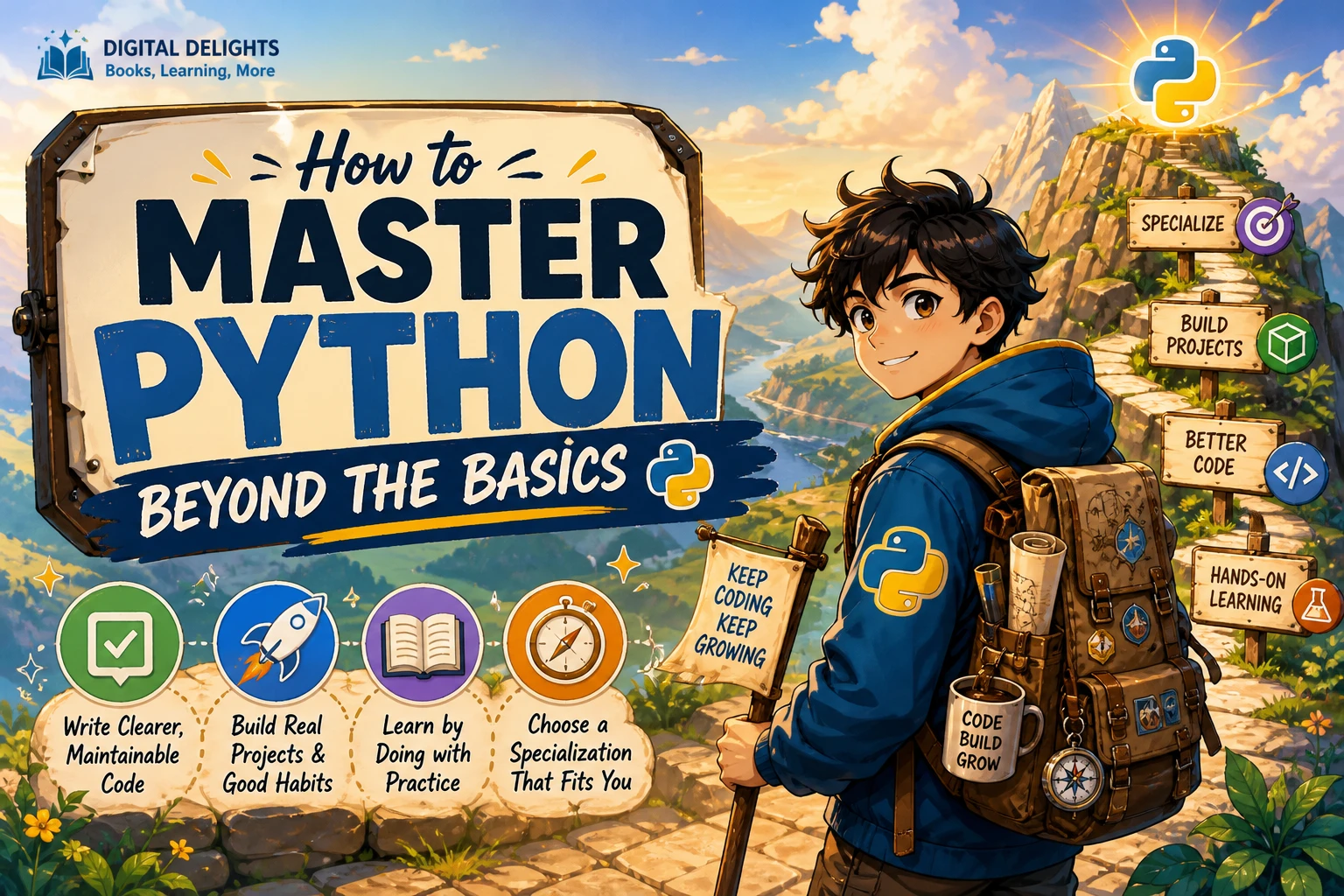 learner working on an organized python project at a laptop