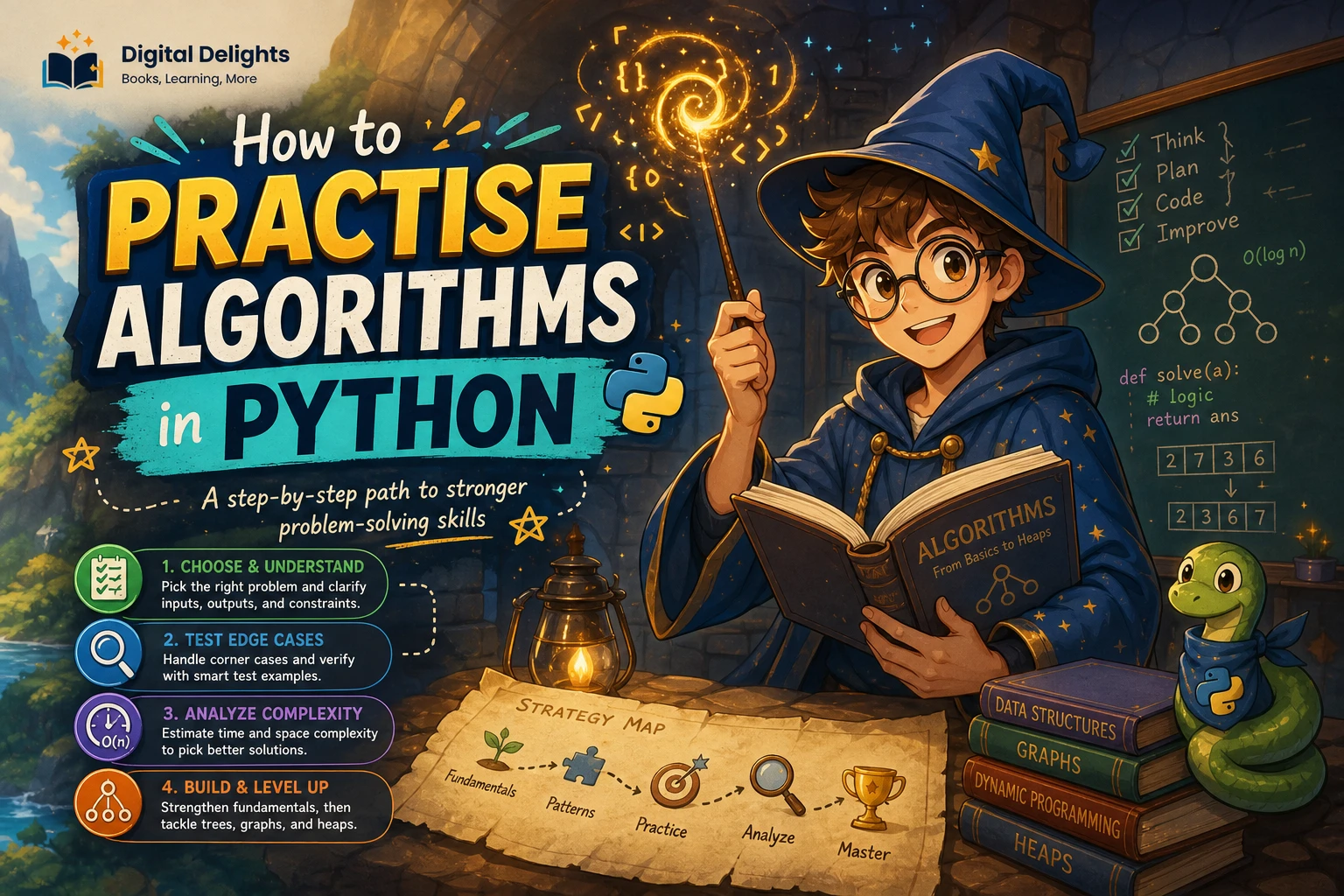 Python code and a simple algorithm flow diagram on a laptop screen