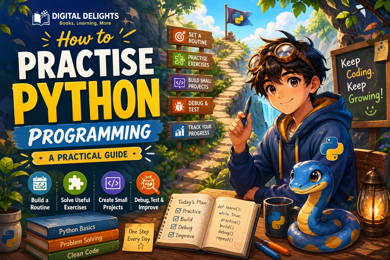 Laptop displaying Python code beside a notebook with programming practice notes