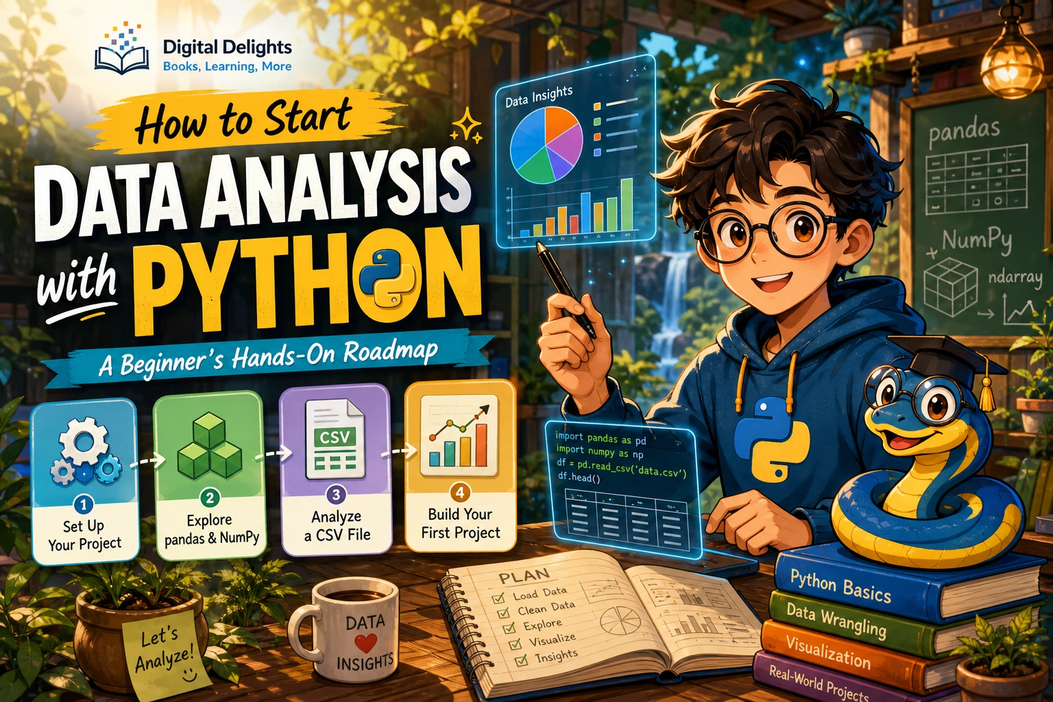 Laptop displaying a data table and chart for learning data analysis with Python