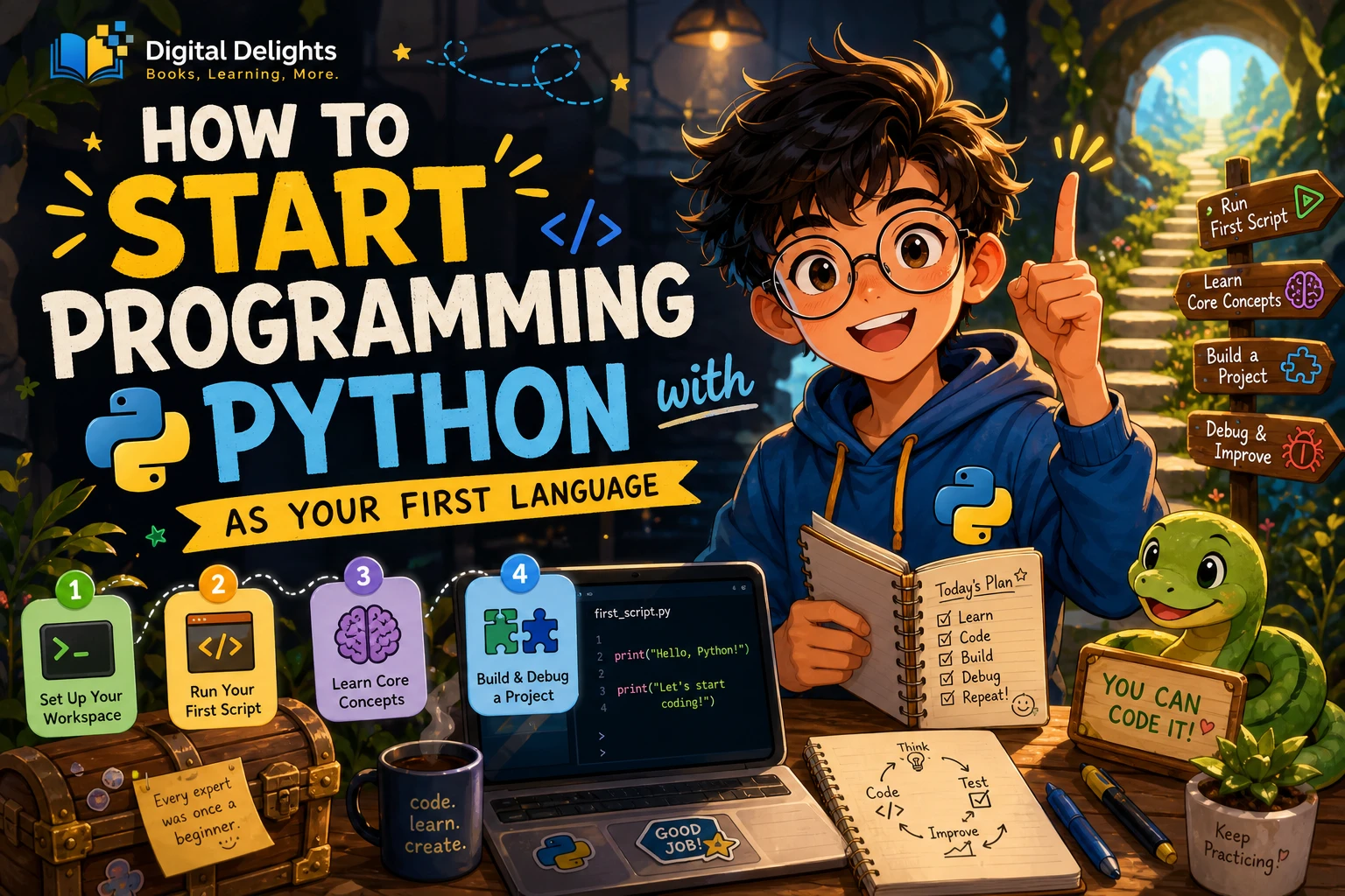 Laptop displaying a simple Python greeting program beside a notebook with beginner programming notes