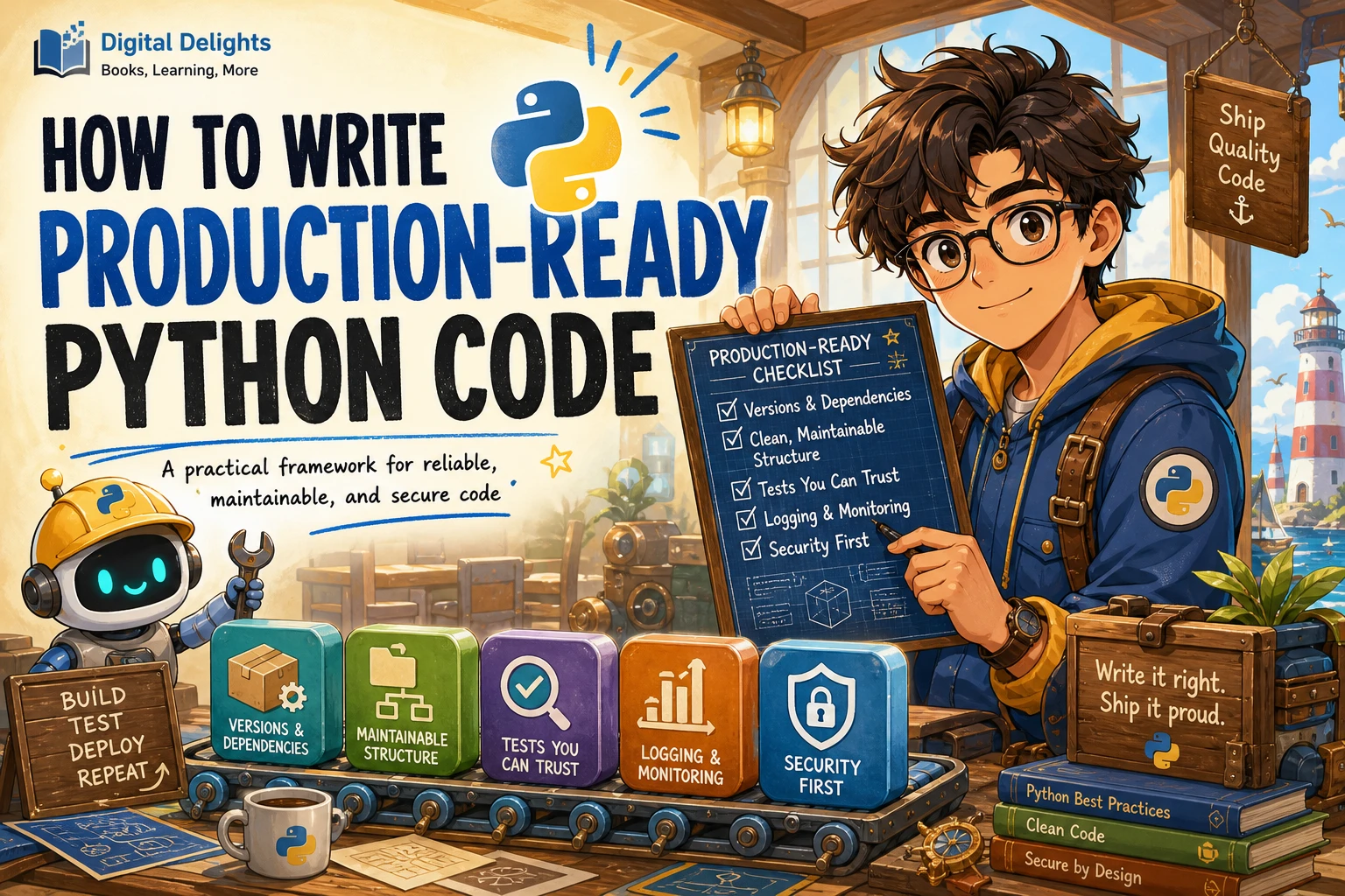 laptop displaying python code beside visual cues for testing, maintainability, and secure software practices