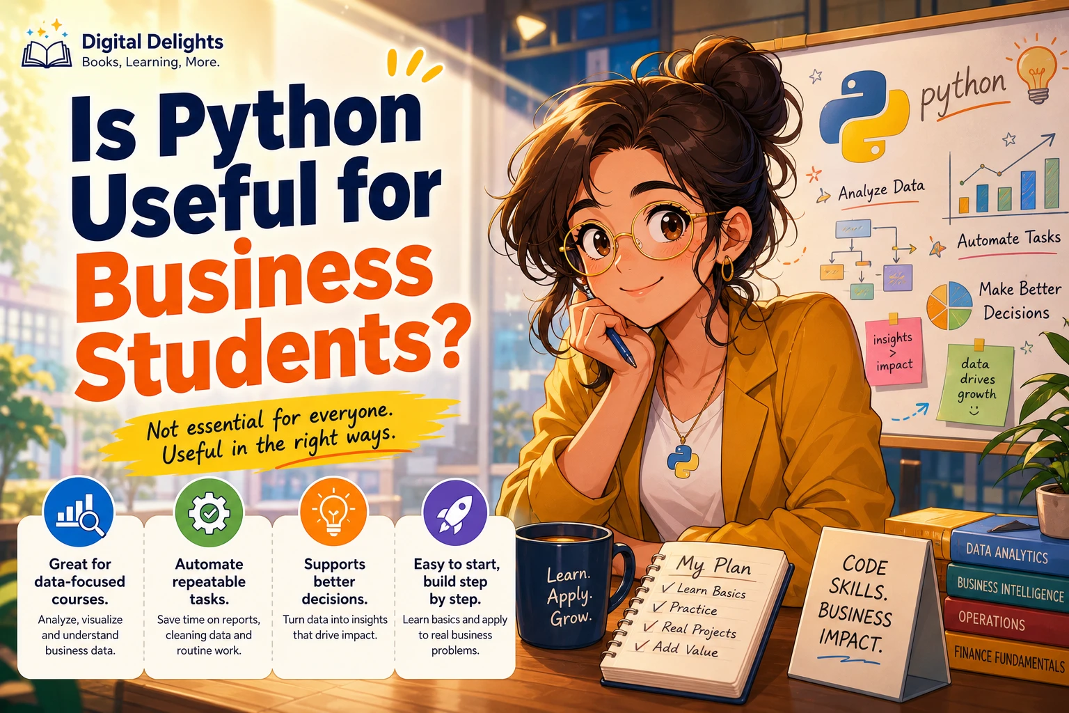 Laptop showing a spreadsheet and Python code beside business study notes