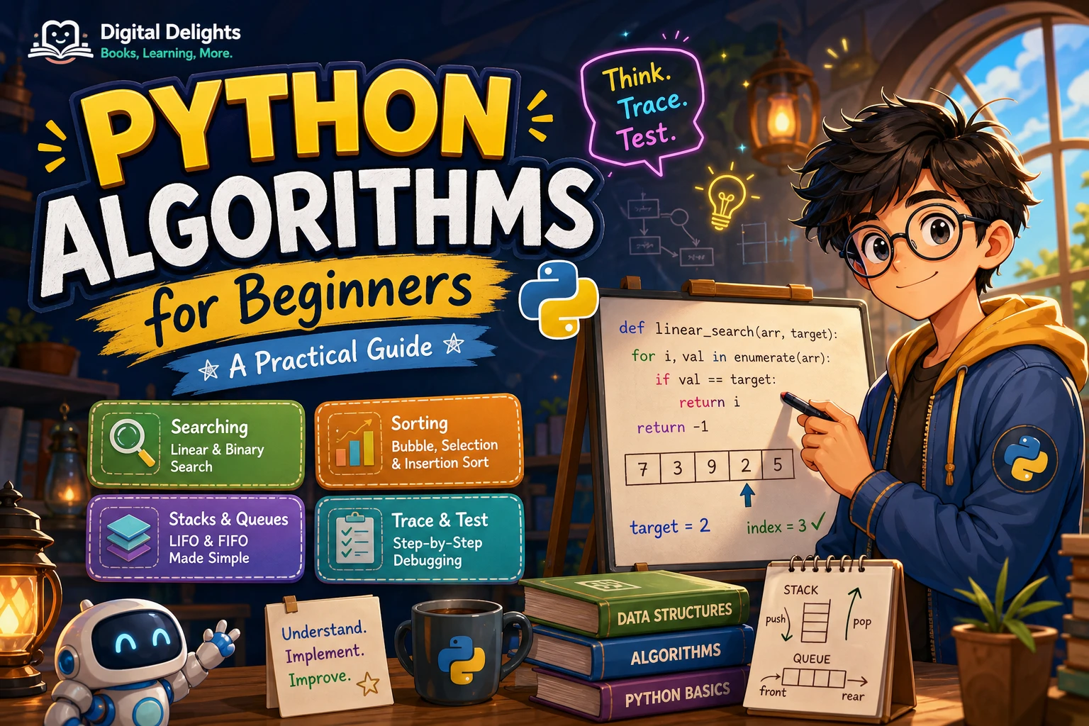 Laptop displaying a simple algorithm flow with connected steps for a beginner Python guide