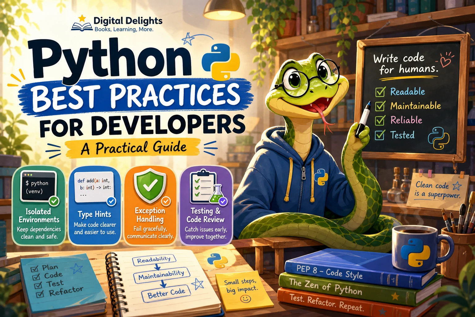 Laptop displaying organized Python code beside visual cues for testing and code review