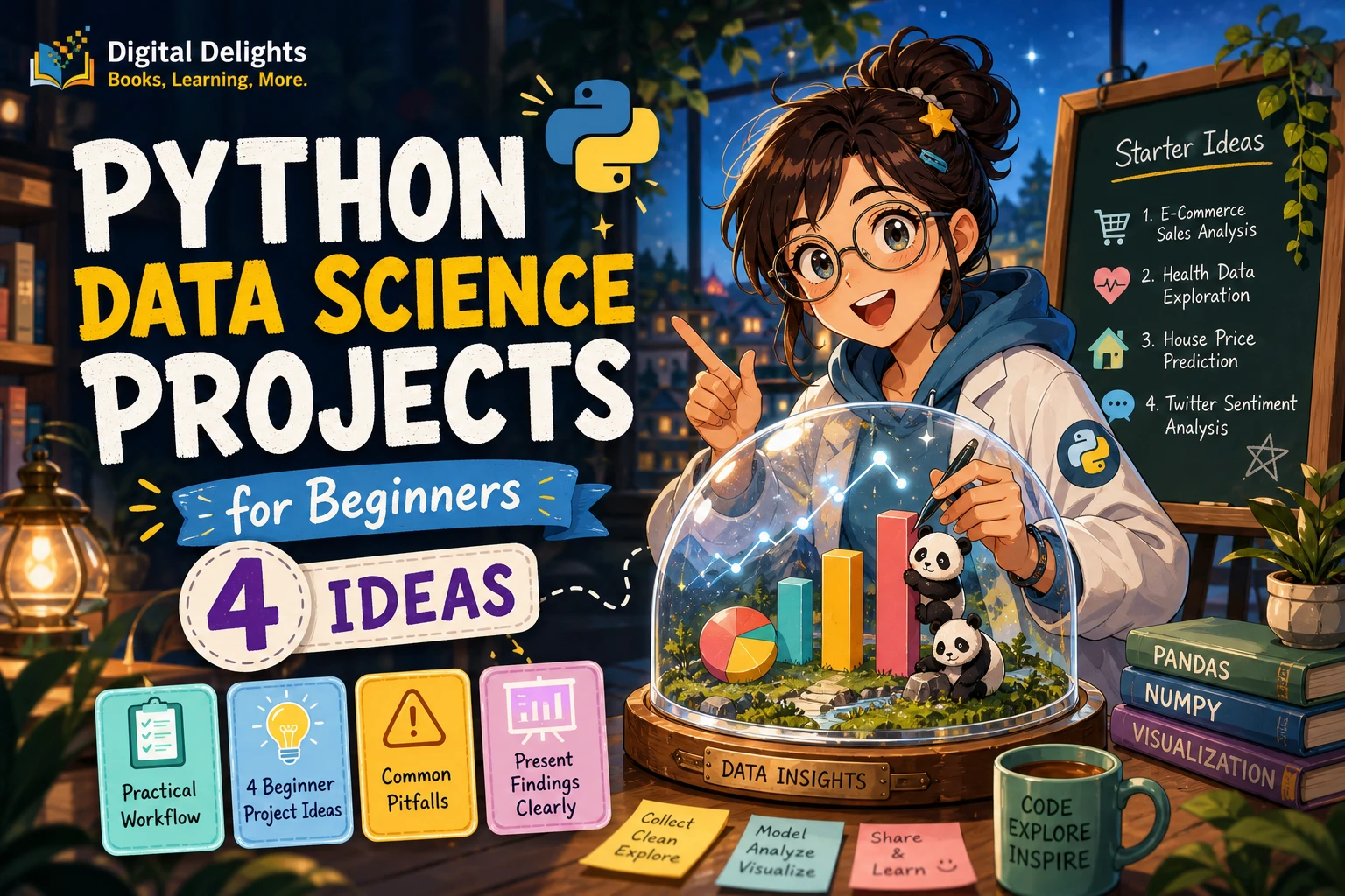 Laptop displaying a simple data table and chart for a beginner Python data science project