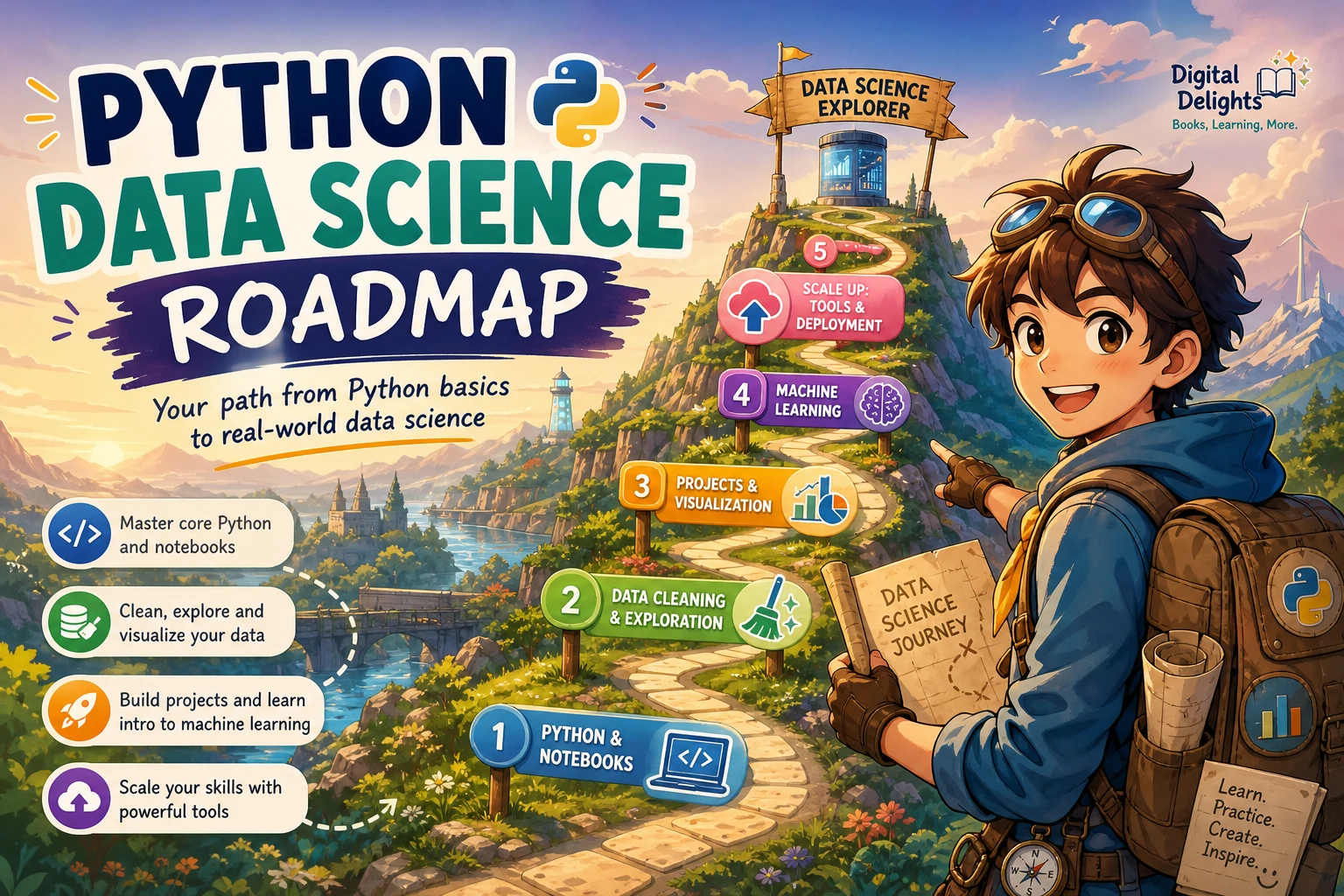 Laptop showing a notebook, data chart, and table for a beginner Python data science roadmap