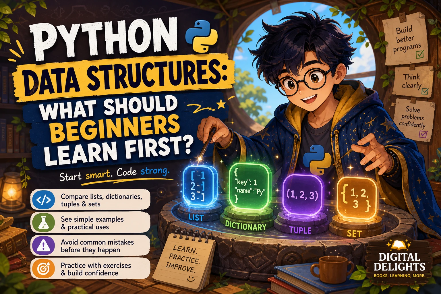 Illustration of Python data structures represented by a list, key-value cards, a tuple, and unique set elements