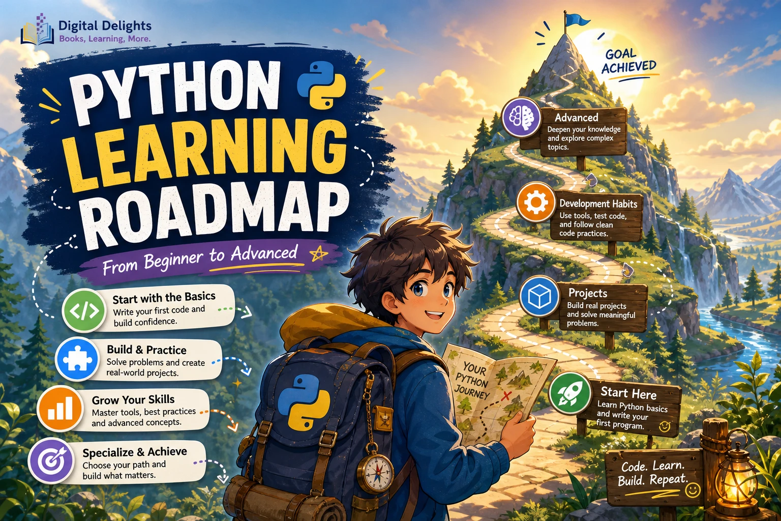 laptop displaying python code beside a notebook outlining a learning path from fundamentals to projects and specialization
